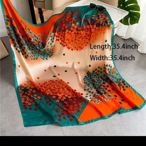 TURQUOISE silky orange bright happy leaf scarf - Picture 4 of 5